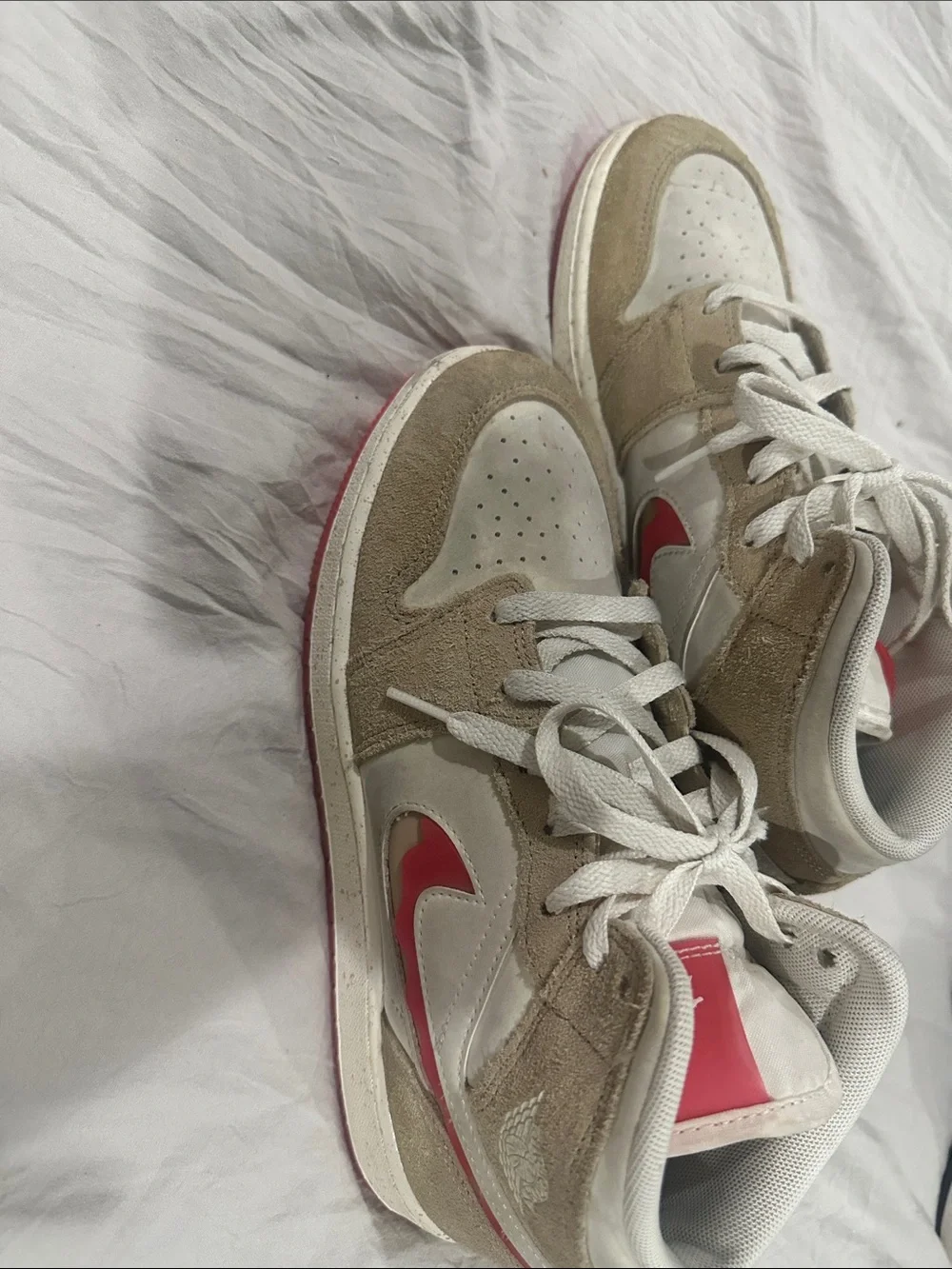 Jordan Mid-Top Sneakers in Beige with Red Accents